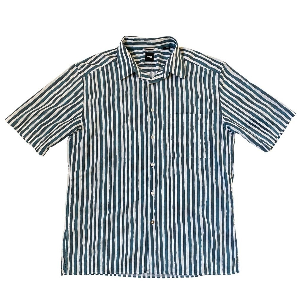 BOSS Hugo Boss Relaxed Fit Striped Short Sleeve Button Up Shirt Men L - EUC